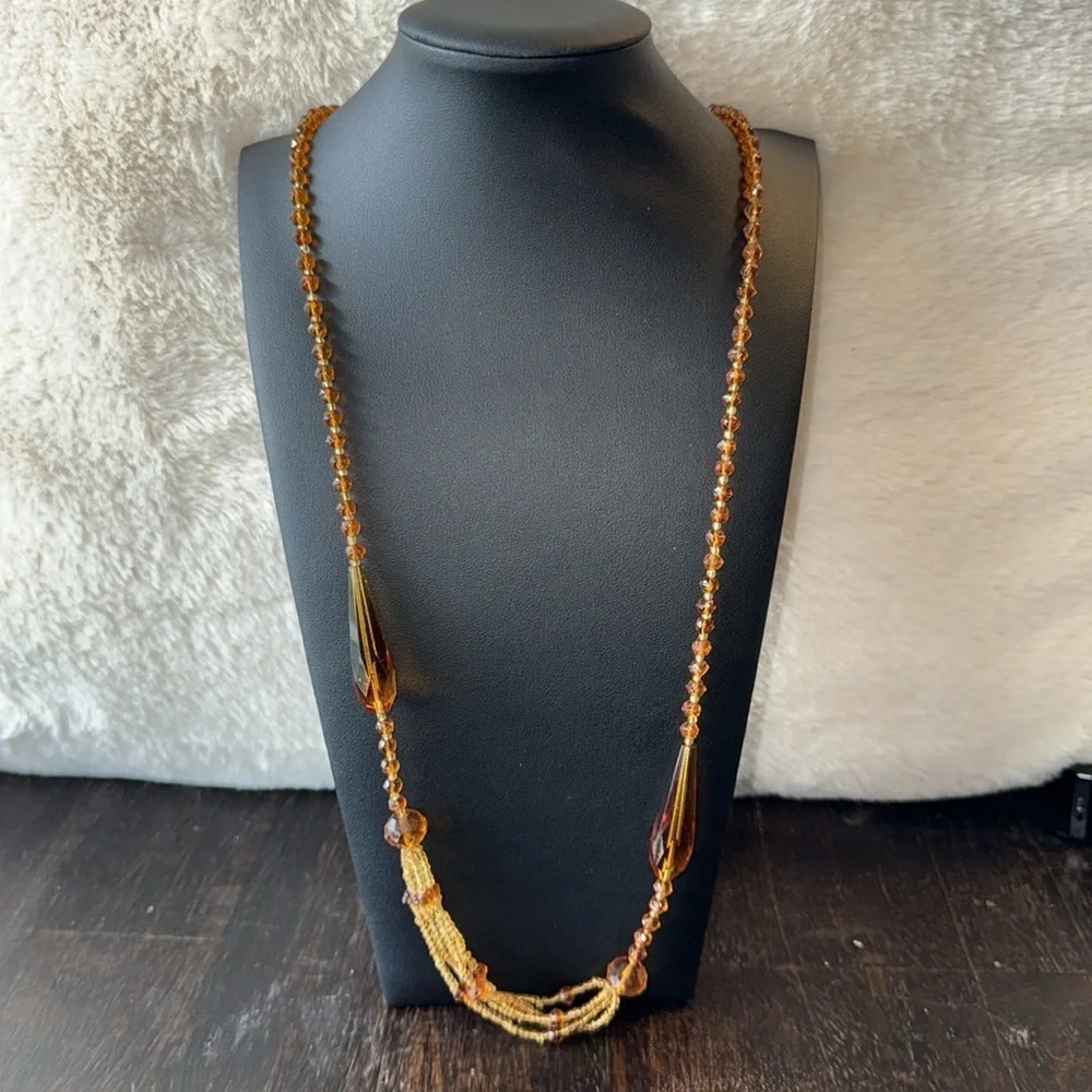 Pretty long amber/ brown colored beaded necklace boho hippie western
